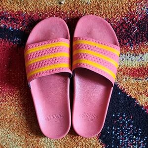 Adilette Pink and Yellow Slides With Adidas